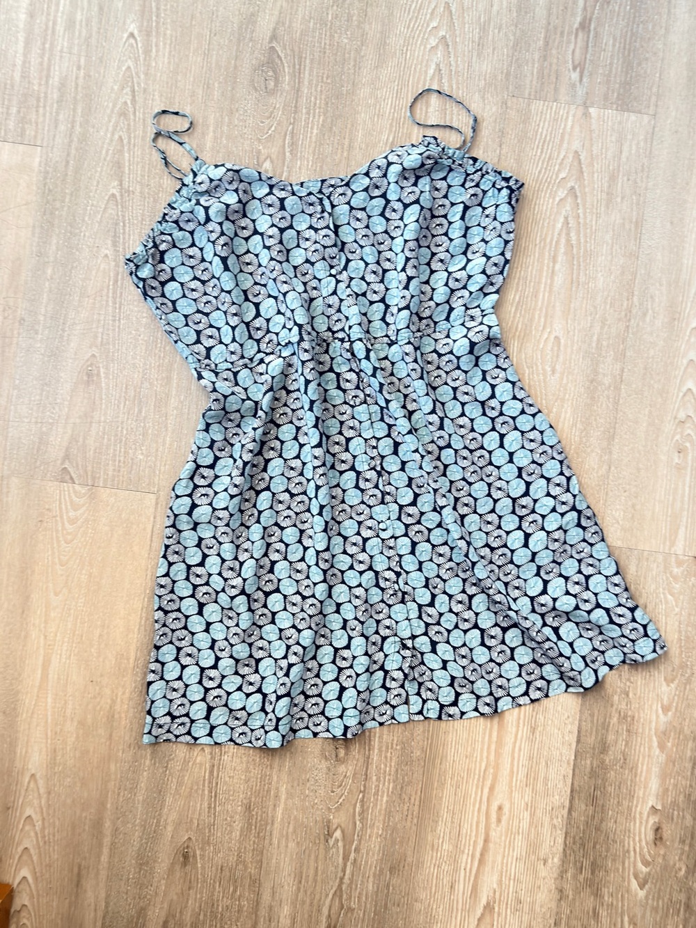 Ecote Mini Dress in Black with Light Blue Dot Print (please read the description